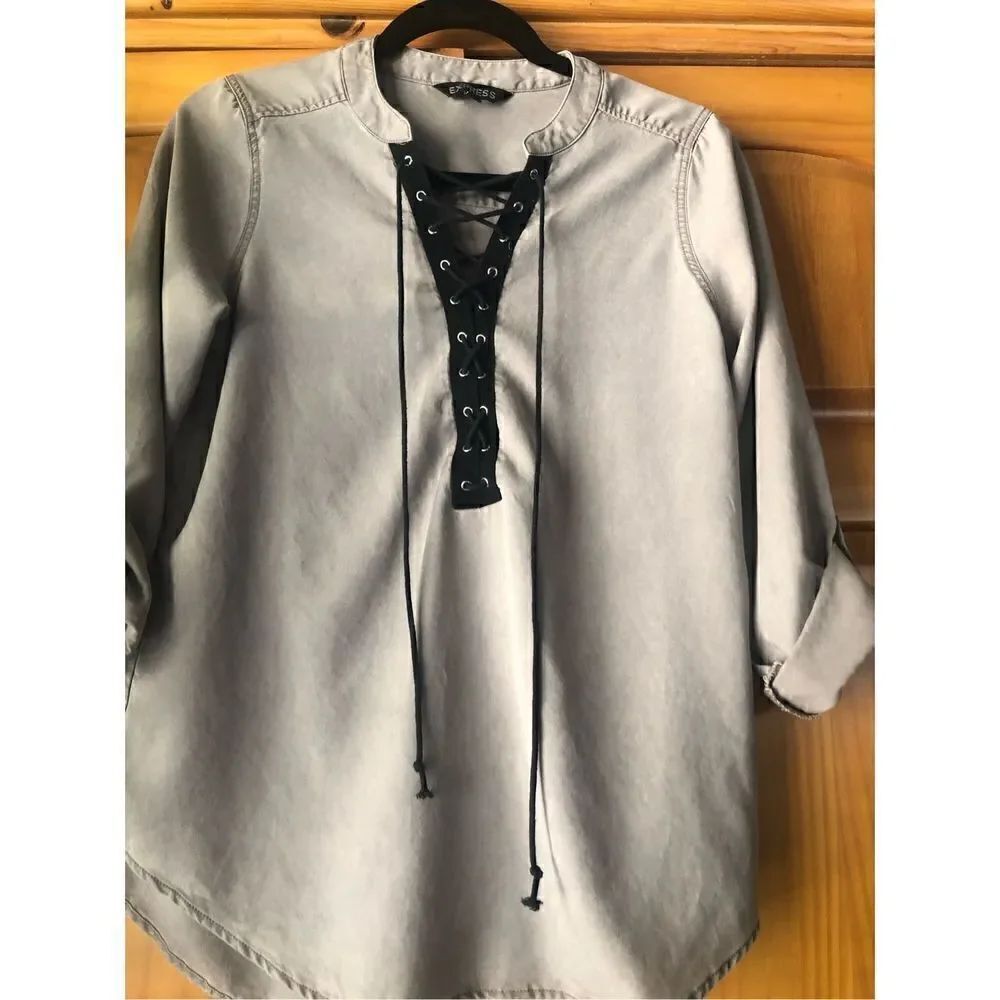 Express Womens  Gray Lace Up Front Tassel Long Sleeve Shirt Top Size P/S